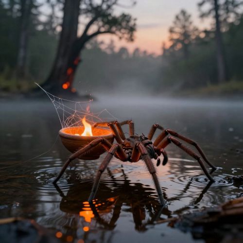 Kanane’sgi Amayehi, the Cherokee Water Spider, crossing a dark, mist-covered primordial lake at twilight