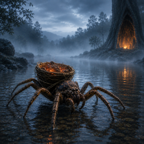 Kanane’sgi Amayehi, the Cherokee Water Spider, crossing a dark, mist-covered primordial lake at twilight