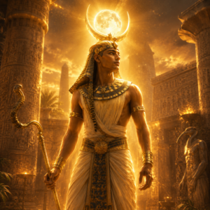 Khonsu, the ancient Egyptian moon god, standing in a hieroglyph-covered temple surrounded by warm golden light