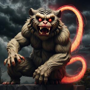 Image of Nue, the Japanese chimera yokai with a monkey face, tiger body, and serpent tail, in mythological art style.