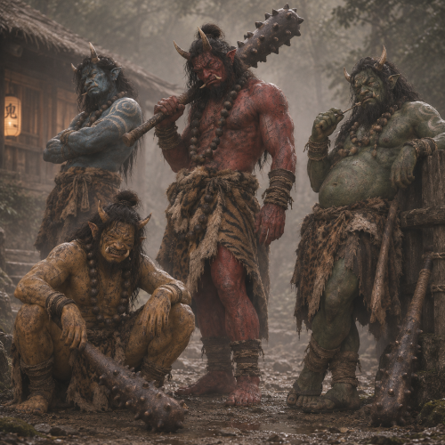 Four horned Oni with red, blue, green, and yellow skin stand in a misty Japanese mountain village