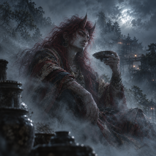 Shuten Doji, the legendary Japanese oni, sits in a mist-shrouded mountain stronghold holding a sake cup, with wild red hair, horns, ornate robes