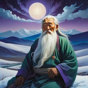 Mongolian god Bai Ulgan sitting with a Mongolian frosted backdrop