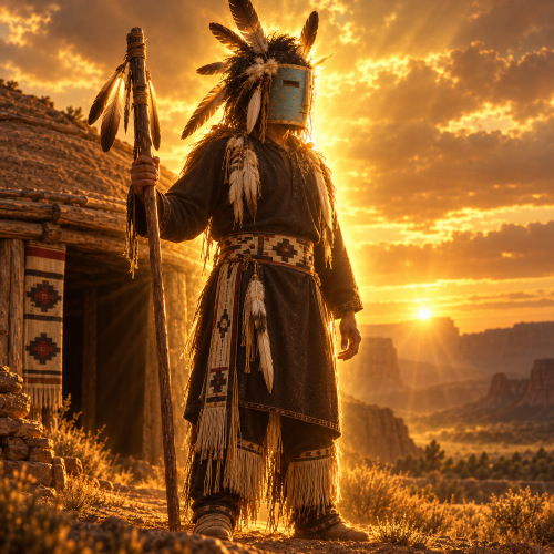 Hastsehogan, the Navajo House God, standing beside a traditional hogan at sunset