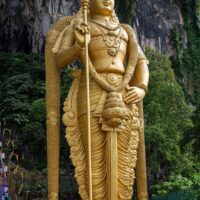 Lord Murugan Statue representing Kartikeya, is the tallest statue of a Hindu deity in Malaysia. It is 42.7 metres (140 ft) in height.It is located at the foot of Batu Caves. It took 3 years of construction and unveiled in January 2006 during Thaipusam festival.
