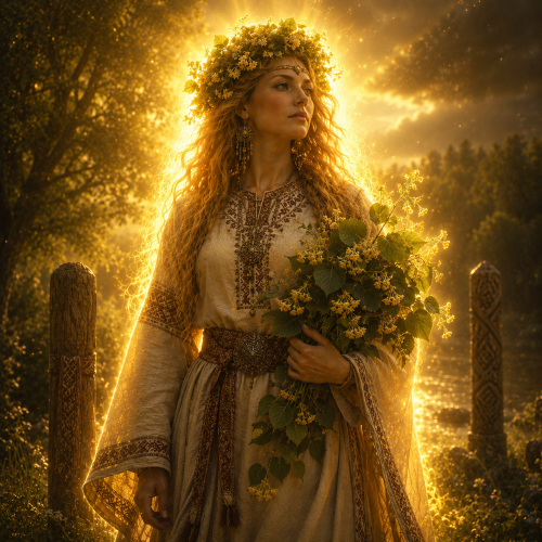 Laima, the Baltic goddess of fate, holding a flowering linden branch with a divine golden glow in a misty woodland.