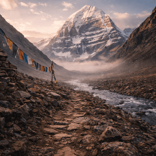 Image of the sacred and towering Mount Kailash, revered as a spiritual axis and abode of gods.