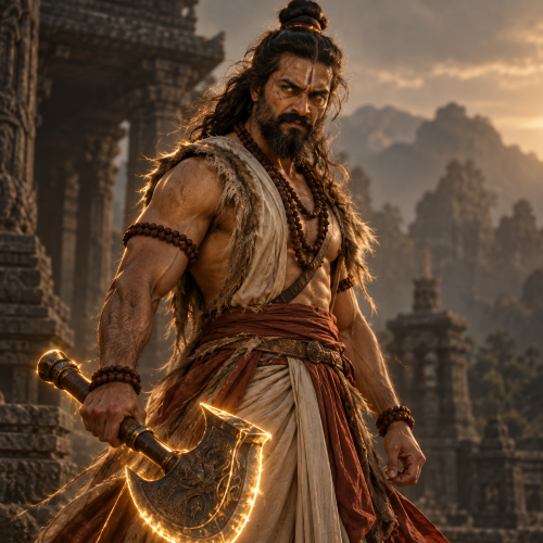 Parashurama, the axe-wielding warrior-sage, stands before ancient temple ruins
