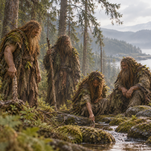 Four Skogtrolls gather beside a moss-covered stream in a misty Scandinavian forest, wearing rough, earth-toned garments adorned with leaves and moss beneath towering evergreen trees.