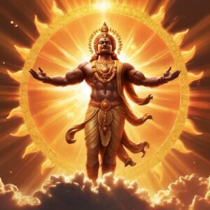 Image of Surya, the radiant sun god of Hindu mythology, riding his chariot across the sky.