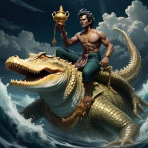 Image of the Vedic god of oceans and cosmic order, Varuna, holding the noose of law and riding the celestial waters