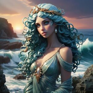 Amphitrite depicted in flowing art as a majestic sea goddess embodying grace, protection, and oceanic power.
