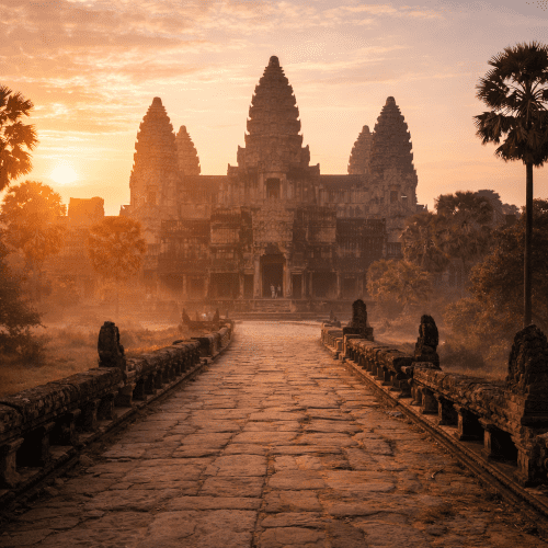 Angkor Wat depicted as a majestic temple complex symbolizing spiritual heritage and architectural grandeur.