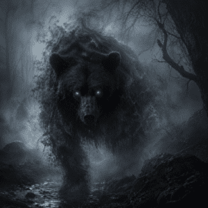 Bauk depicted in dark folklore art as a shadowy creature embodying fear and lurking danger.