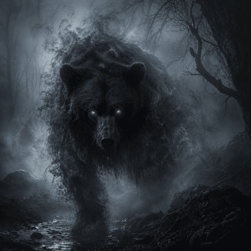 Bauk depicted in dark folklore art as a shadowy creature embodying fear and lurking danger.