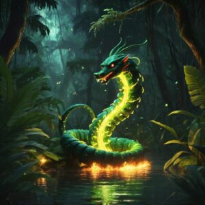 Boitata depicted in dynamic art as a fiery serpent guardian symbolizing protection, vigilance, and supernatural force.