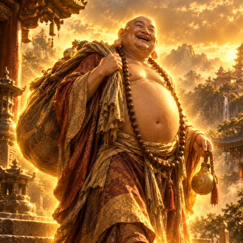 Budai, the Laughing Buddha, depicted as a joyful bald monk with a rounded belly, prayer beads, and a large cloth sack