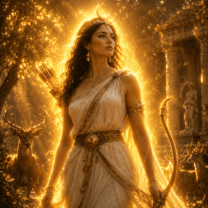 Diana depicted in elegant art as the Roman goddess of the hunt, moon, and nature’s wild grace.
