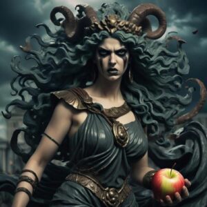 Discordia depicted in dynamic art as the goddess of chaos and strife, embodying conflict and unpredictability.