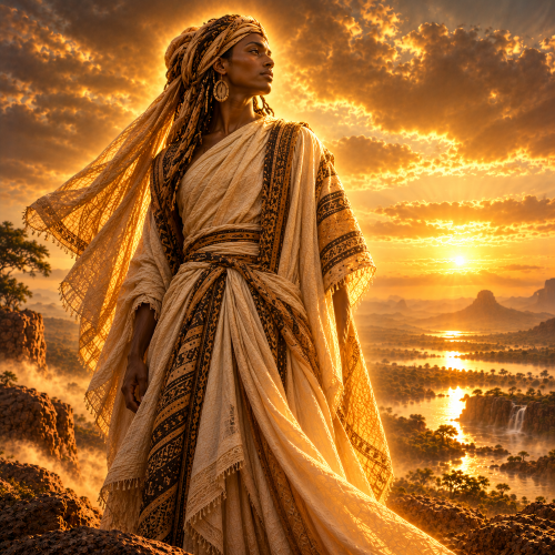Doondari, the creator figure in Fulani tradition, depicted as an androgynous divine being in flowing cream and ochre robes