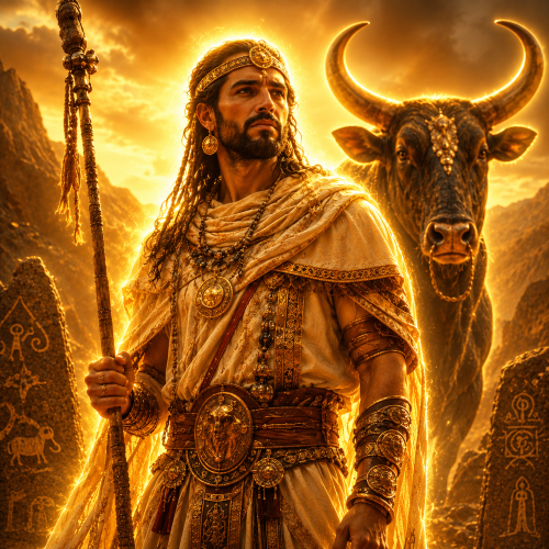 Gurzil, the Berber war god, standing before a sacred bull with a warm divine golden glow.
