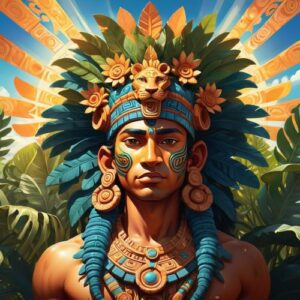 Kinich Ahau depicted in radiant art as the Maya sun god symbolizing light, warmth, and divine vision.