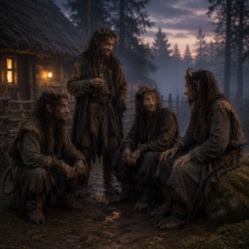 A group of Kipšai, devil-like spirits, gathered at dusk outside a rustic Baltic woodland cottage.