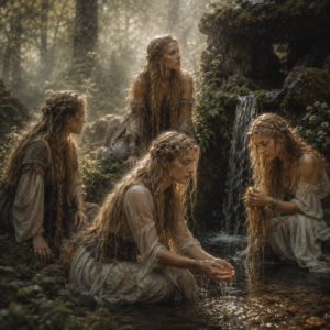 Four beautiful Korrigans gather around a sacred forest spring