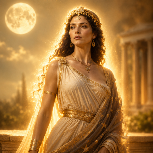 Luna, Roman goddess of the Moon, glowing in golden light before ancient Roman temples.