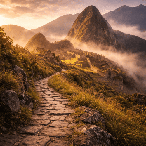 Machu Picchu depicted as the Lost City in sweeping art, highlighting ancient Incan architecture amidst misty mountains and timeless mystery.