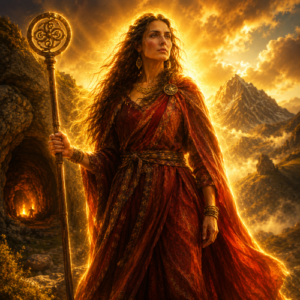 Mari depicted in mystical art as a serene earth goddess embodying fertility, nature, and protection.