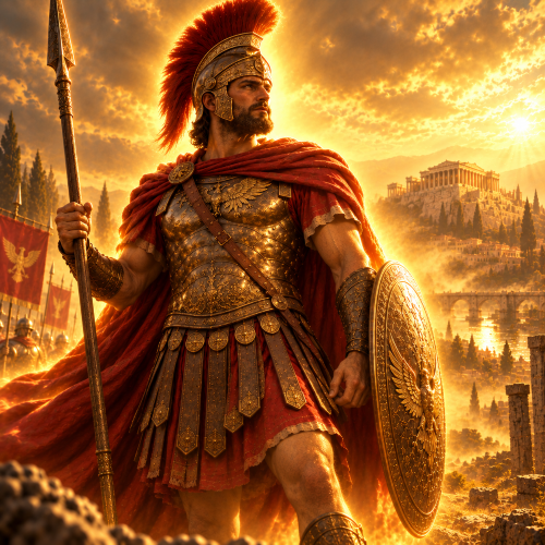 Mars, the Roman god of war, stands in ornate bronze armour, a red-plumed helmet and flowing crimson cloak