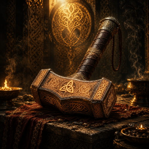 Image of Mjolnir, the legendary hammer of Thor, symbolizing thunder, strength, and protection