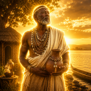 Mukasa, the Baganda deity of Lake Victoria, standing by the lakeshore with a divine golden glow.