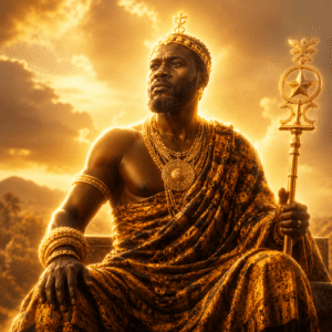 Nyankopon depicted in serene art as a radiant deity symbolizing wisdom, creation, and life-giving energy.
