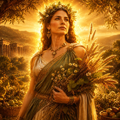 Onuava, the Celtic goddess of fertility and abundance, stands in a flourishing ancient Gaulish landscape