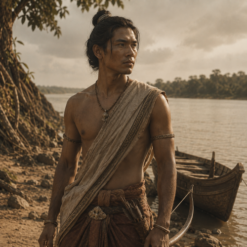 Preah Thong standing beside a river with a bow.