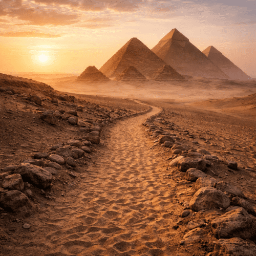 Pyramids of Giza depicted in majestic art as iconic ancient monuments symbolizing mystery, legacy, and timeless civilization.