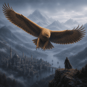 Roc depicted in dynamic art as a gigantic mythical bird soaring above mountains, symbolizing strength and legend.