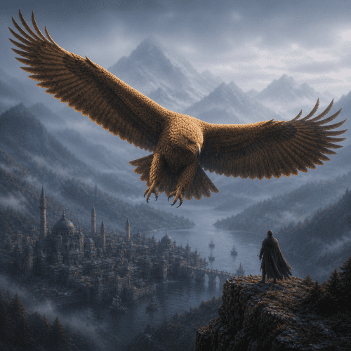 Roc depicted in dynamic art as a gigantic mythical bird soaring above mountains, symbolizing strength and legend.