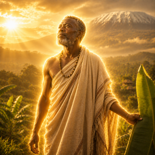 Ruwa, the Chagga sun deity, standing among banana groves on the slopes of Mount Kilimanjaro