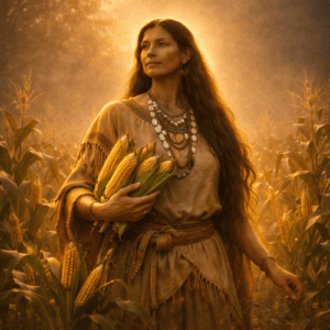 Selu depicted as the Corn Mother in nurturing art, symbolizing fertility, harvest, and abundance.