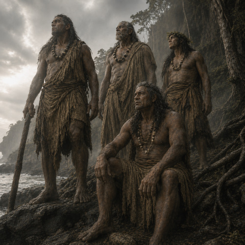 Four towering Taotaomo'na giants stand along a misty tropical shoreline