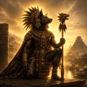 Xolotl depicted as a fiery deity in art, embodying fire, transformation, and protection.