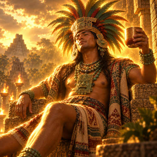 Acan, the Maya deity associated with alcohol and intoxication, sits on a carved stone throne wearing a feathered headdress and jade ornaments