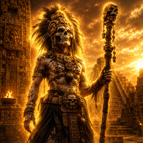 Ah Puch, the Maya god of death, depicted as a skeletal deity in a golden-lit temple.