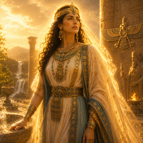 Anahita, the Iranian goddess of water, glowing in golden light beside a sacred fountain.