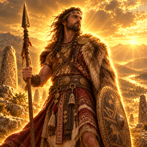 Armatus, the enigmatic Illyrian war deity, stands in a rugged mountain landscape wearing traditional-inspired fur garments