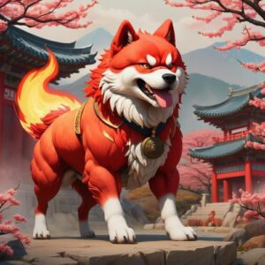 The Korean Fire dog Bulgae with a Korean backdrop