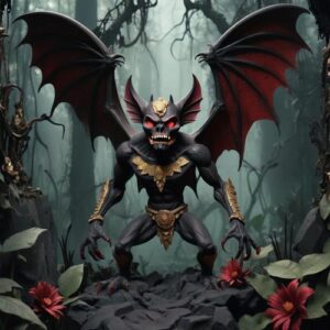 The Mayan Bat god Camazotz depicted standing in a forest